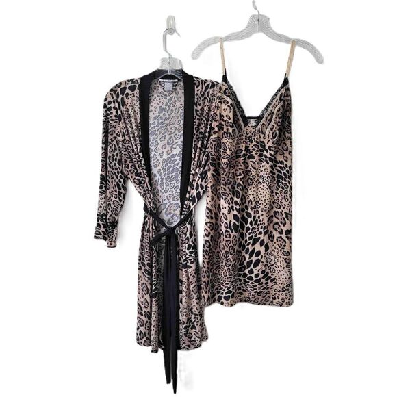 Linea Donatella Leopard Print Robe Babydoll Set Lace Trim Sleepwear Size XL M* - Picture 1 of 11